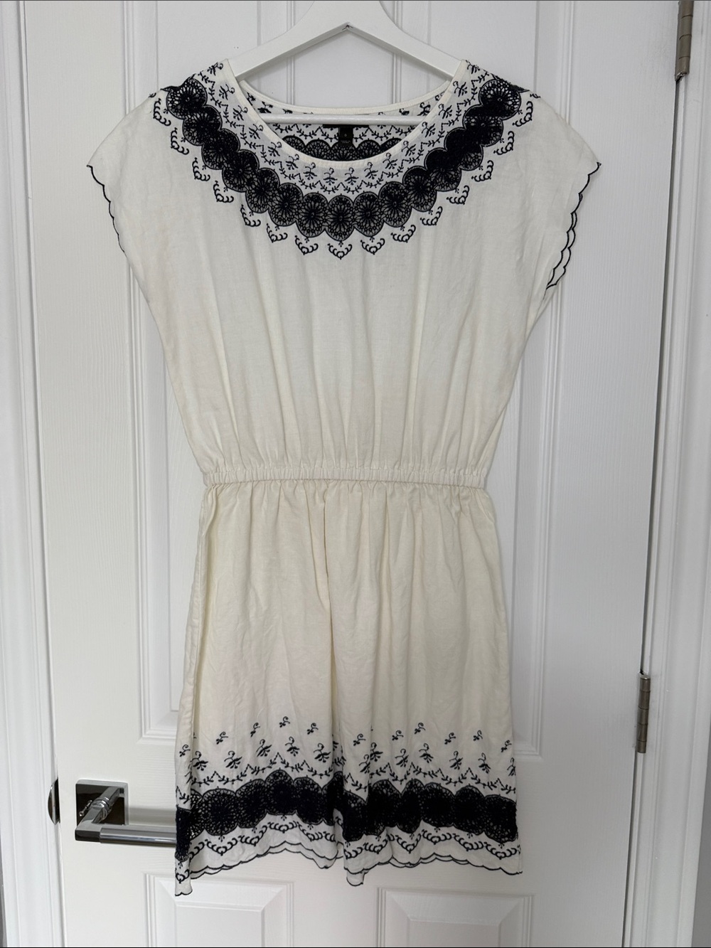 J. Crew Cream Mini Dress with Navy Embroidery
